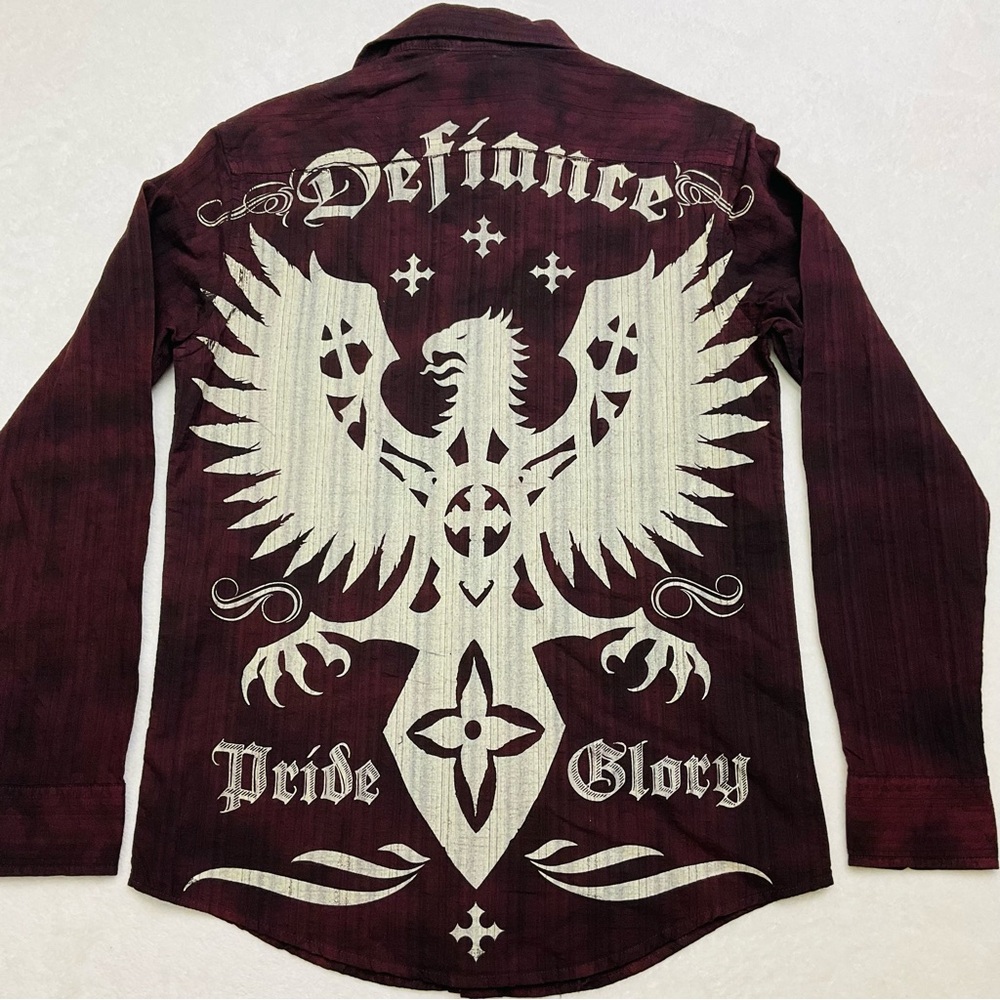 NWT 88 BRAND Defiance Pride Glory Phoenix Marbled Burgundy Long Sleeve Shirt